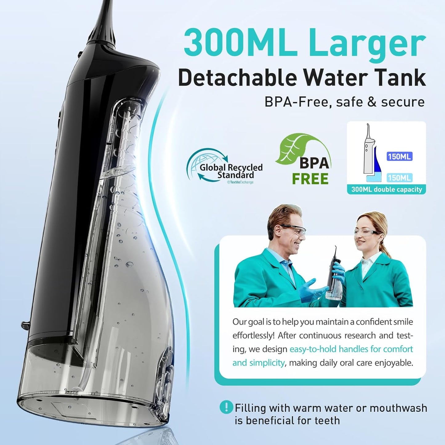COSLUS Water Dental Flosser Teeth Pick: Portable Cordless Oral Irrigator 300ML Rechargeable Travel Irrigation Cleaner IPX7 Waterproof Electric Flossing Machine for Teeth Cleaning C20(F5020E)