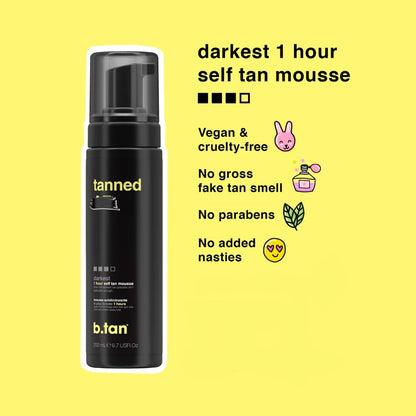 b.tan Dark Self Tanner Mousse | Get Tanned - Best, 1 Hour Express Sunless Tanning Foam, No Fake Tan Smell, Ultra Dark Bronzing Glow, Face & Body, Vegan, Cruelty Free, 6.7 Fl Oz
