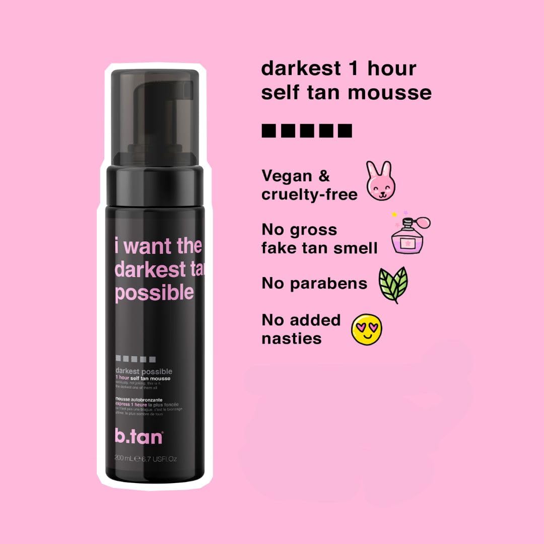 b.tan Dark Self Tanner Mousse | Get Tanned - Best, 1 Hour Express Sunless Tanning Foam, No Fake Tan Smell, Ultra Dark Bronzing Glow, Face & Body, Vegan, Cruelty Free, 6.7 Fl Oz