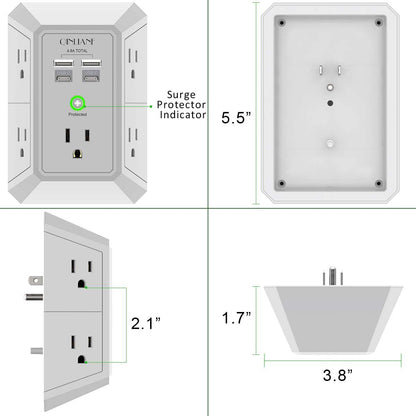 Wall Charger, Surge Protector, QINLIANF 5 Outlet Extender with 4 USB Charging Ports (4.8A Total) 3-Sided 1680J Power Strip Multi Plug Adapter Spaced for Home Travel Office (3U1C)