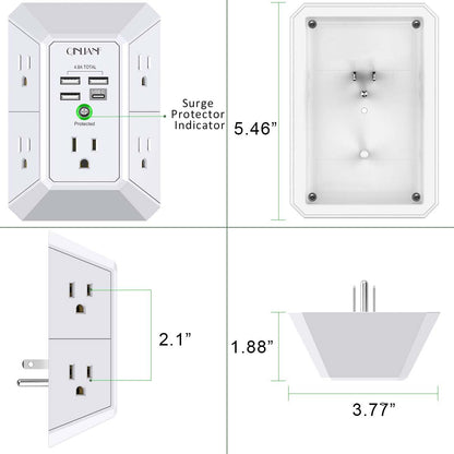Wall Charger, Surge Protector, QINLIANF 5 Outlet Extender with 4 USB Charging Ports (4.8A Total) 3-Sided 1680J Power Strip Multi Plug Adapter Spaced for Home Travel Office (3U1C)