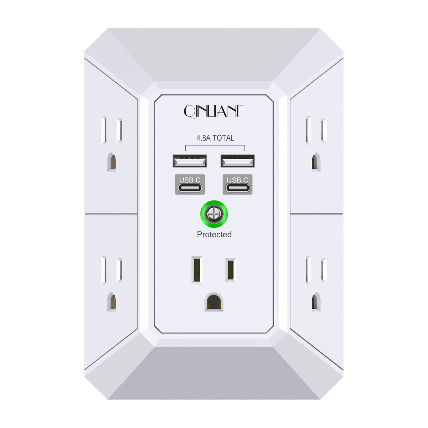 Wall Charger, Surge Protector, QINLIANF 5 Outlet Extender with 4 USB Charging Ports (4.8A Total) 3-Sided 1680J Power Strip Multi Plug Adapter Spaced for Home Travel Office (3U1C)