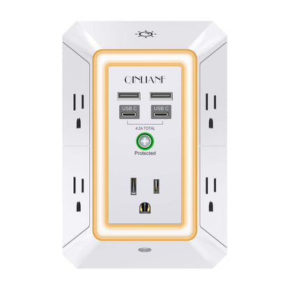 Wall Charger, Surge Protector, QINLIANF 5 Outlet Extender with 4 USB Charging Ports (4.8A Total) 3-Sided 1680J Power Strip Multi Plug Adapter Spaced for Home Travel Office (3U1C)