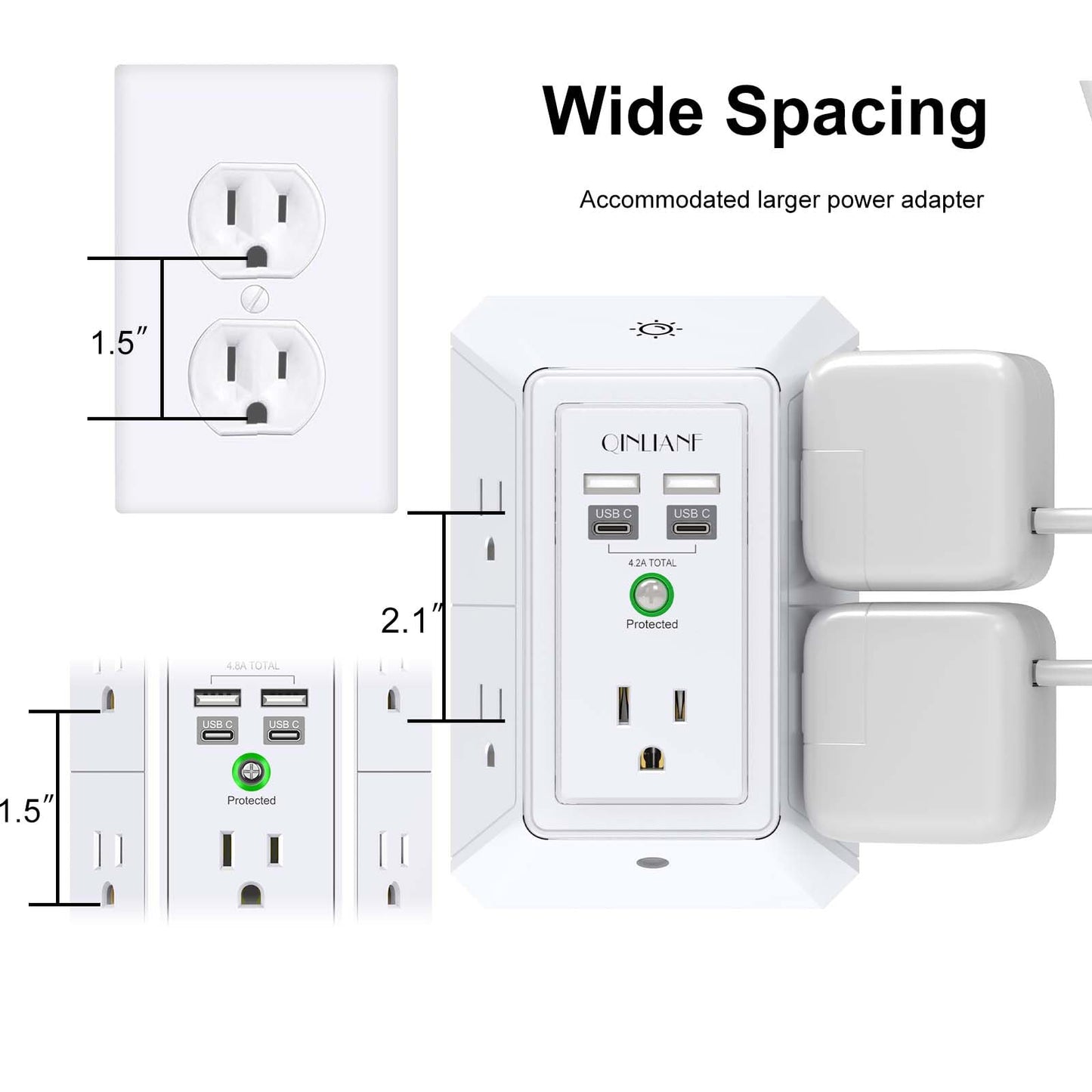 Wall Charger, Surge Protector, QINLIANF 5 Outlet Extender with 4 USB Charging Ports (4.8A Total) 3-Sided 1680J Power Strip Multi Plug Adapter Spaced for Home Travel Office (3U1C)