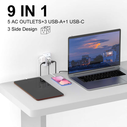 Wall Charger, Surge Protector, QINLIANF 5 Outlet Extender with 4 USB Charging Ports (4.8A Total) 3-Sided 1680J Power Strip Multi Plug Adapter Spaced for Home Travel Office (3U1C)