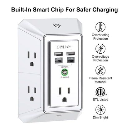 Wall Charger, Surge Protector, QINLIANF 5 Outlet Extender with 4 USB Charging Ports (4.8A Total) 3-Sided 1680J Power Strip Multi Plug Adapter Spaced for Home Travel Office (3U1C)