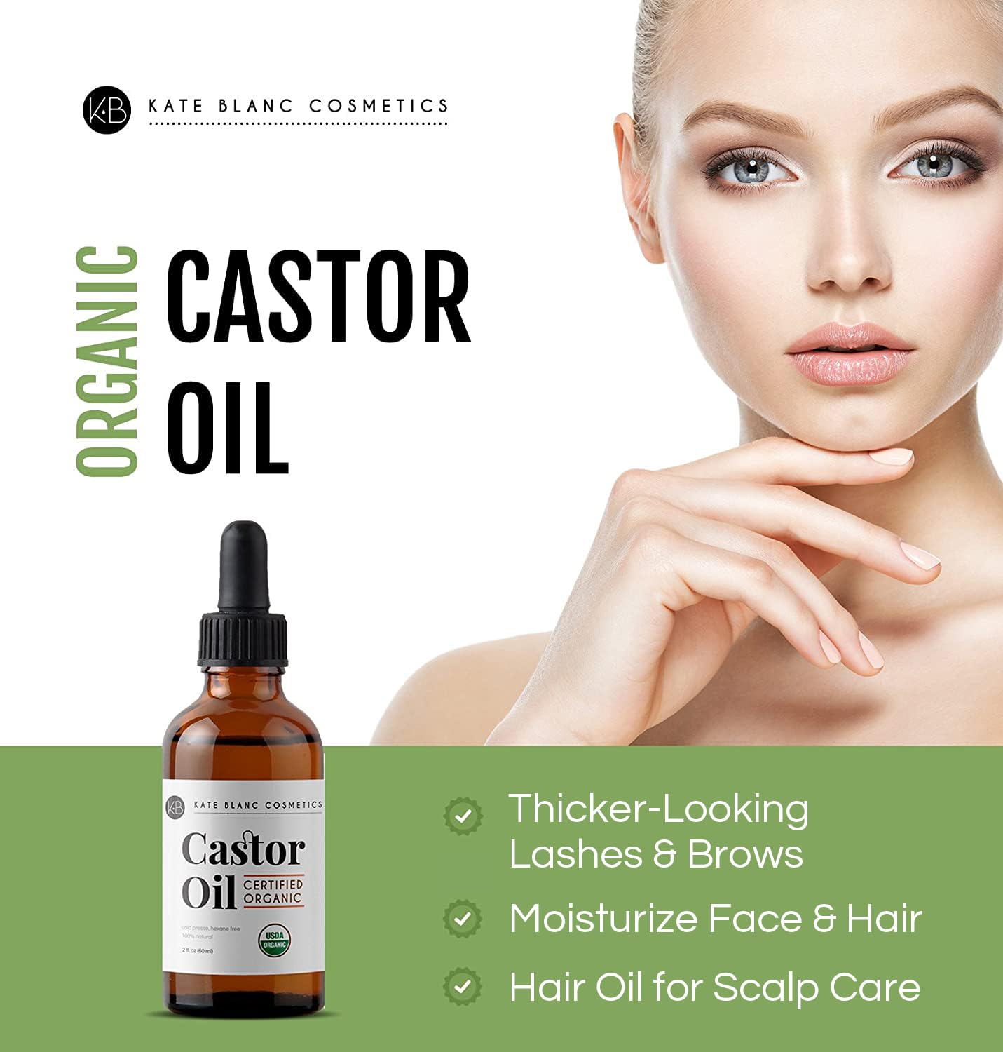 Kate Blanc Cosmetics Castor Oil Organic for Hair, Lashes, Face (2oz), 100% Pure, Cold Pressed, Hexane Free Hair Oil. Lash Serum for Thicker-Looking Eyelashes & Eyebrows