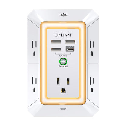 Wall Charger, Surge Protector, QINLIANF 5 Outlet Extender with 4 USB Charging Ports (4.8A Total) 3-Sided 1680J Power Strip Multi Plug Adapter Spaced for Home Travel Office (3U1C)