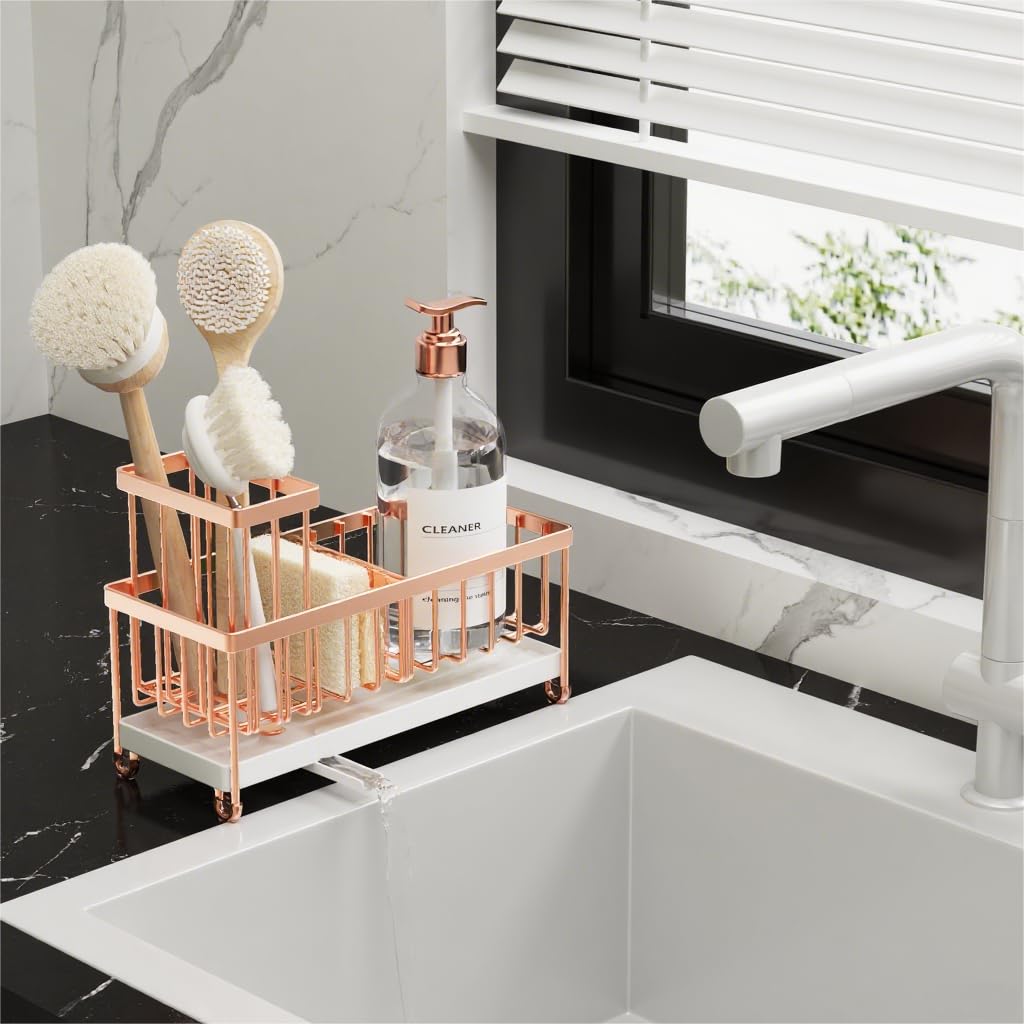 Cisily Black Sponge Holder for Kitchen Sink, Sink Caddy Organizer with High Brush Holder, Kitchen Countertop Organizers and Storage Essentials, Rustproof 304 Stainless Steel, Soap Dispenser Organize