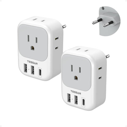 2 Pack European Plug Adapter USB C, TESSAN US to Europe Adapter 4 Outlets 3 USB Charger, Type C International Power Adaptor to Italy Spain France Portugal Iceland Germany, Europe Travel Essentials