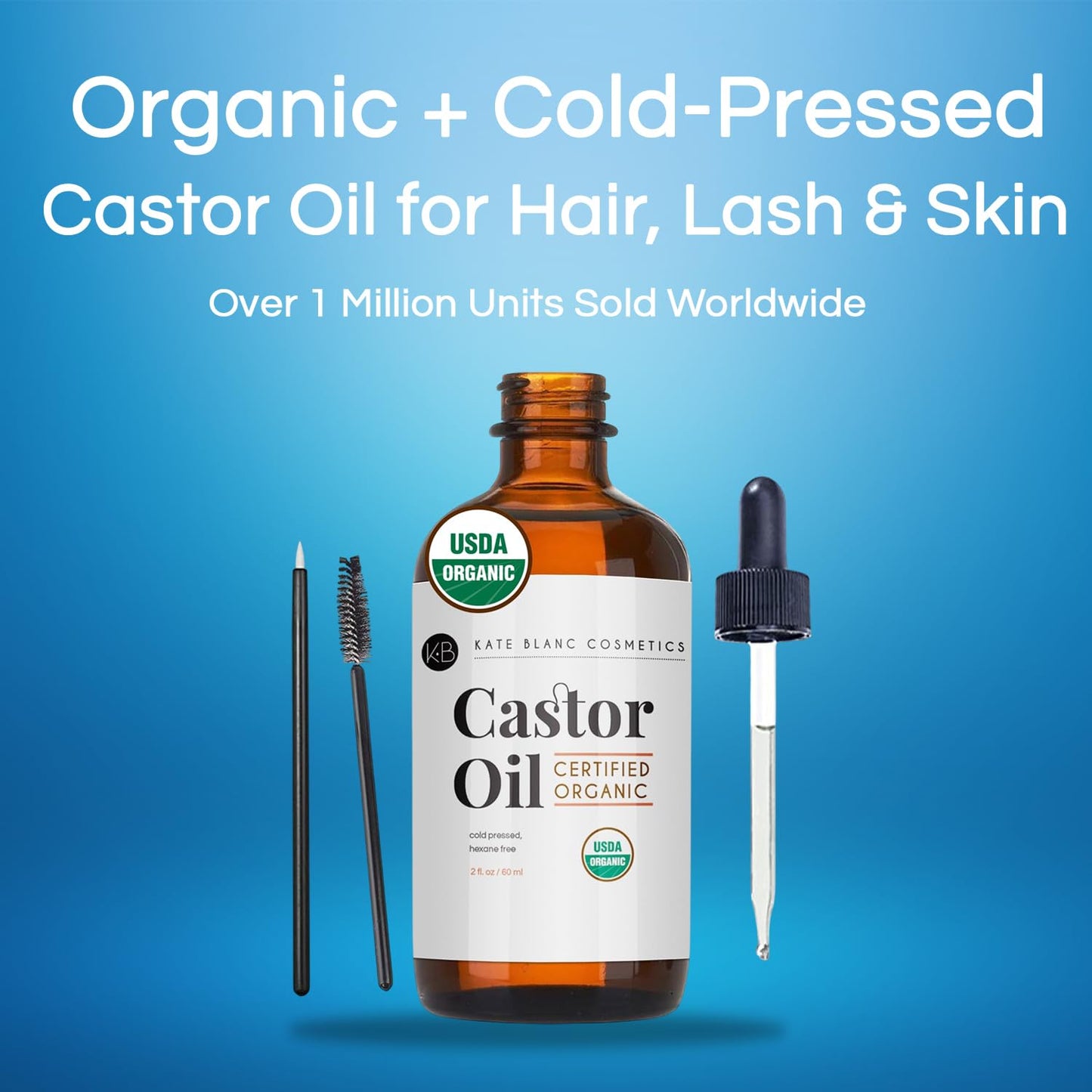 Kate Blanc Cosmetics Castor Oil Organic for Hair, Lashes, Face (2oz), 100% Pure, Cold Pressed, Hexane Free Hair Oil. Lash Serum for Thicker-Looking Eyelashes & Eyebrows