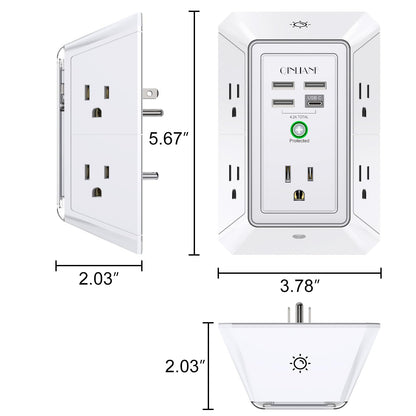Wall Charger, Surge Protector, QINLIANF 5 Outlet Extender with 4 USB Charging Ports (4.8A Total) 3-Sided 1680J Power Strip Multi Plug Adapter Spaced for Home Travel Office (3U1C)