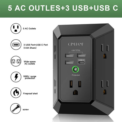 Wall Charger, Surge Protector, QINLIANF 5 Outlet Extender with 4 USB Charging Ports (4.8A Total) 3-Sided 1680J Power Strip Multi Plug Adapter Spaced for Home Travel Office (3U1C)
