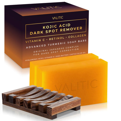 VALITIC Kojic Acid Dark Spot Remover Soap Bars with Vitamin C, Retinol, Collagen, Turmeric - Original Japanese Complex Infused with Hyaluronic Acid, Vitamin E, Shea Butter, Castile Olive Oil (2 Pack)