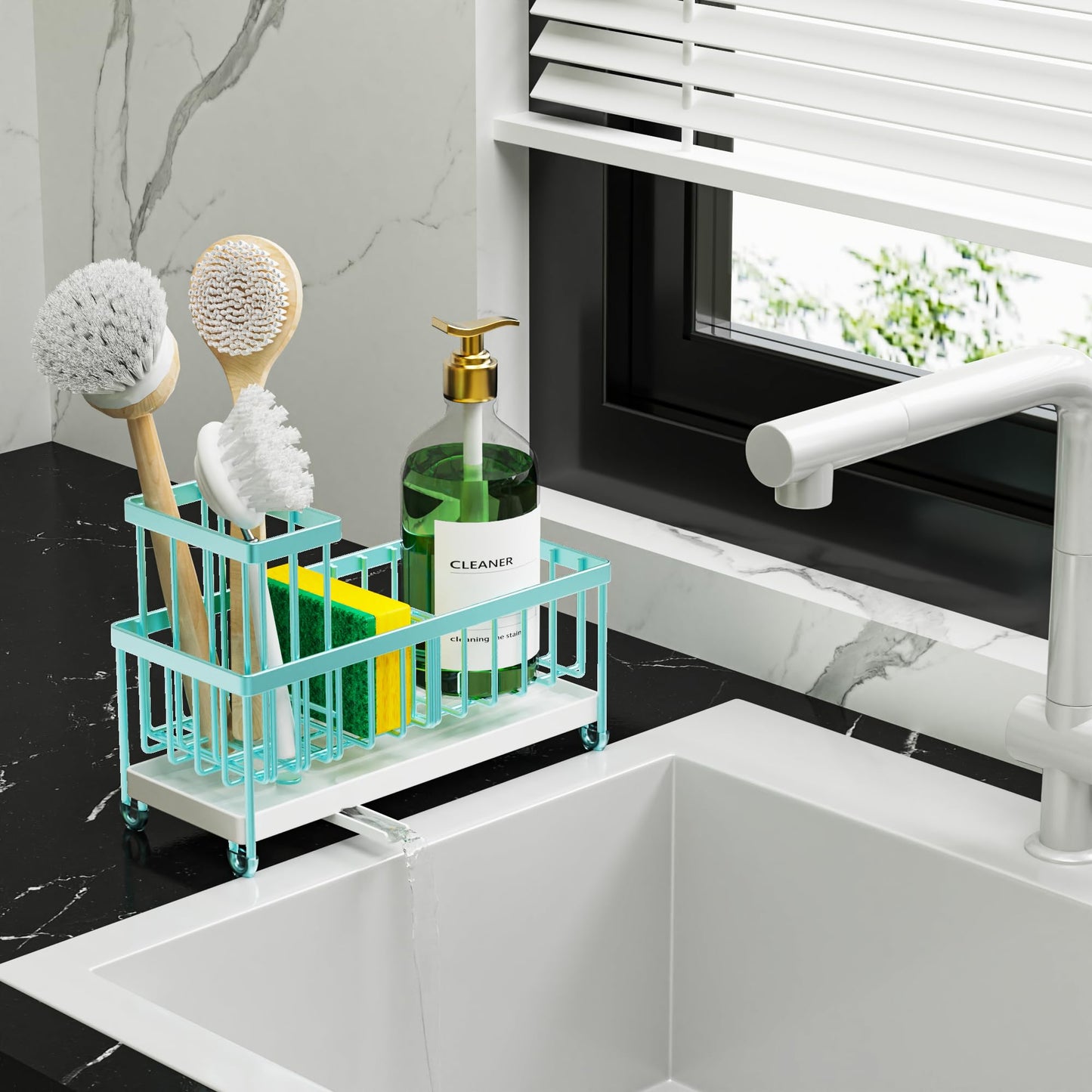 Cisily Black Sponge Holder for Kitchen Sink, Sink Caddy Organizer with High Brush Holder, Kitchen Countertop Organizers and Storage Essentials, Rustproof 304 Stainless Steel, Soap Dispenser Organize