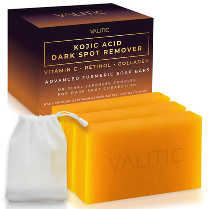 VALITIC Kojic Acid Dark Spot Remover Soap Bars with Vitamin C, Retinol, Collagen, Turmeric - Original Japanese Complex Infused with Hyaluronic Acid, Vitamin E, Shea Butter, Castile Olive Oil (2 Pack)