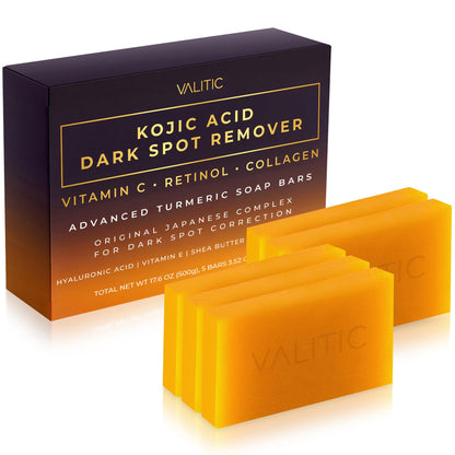 VALITIC Kojic Acid Dark Spot Remover Soap Bars with Vitamin C, Retinol, Collagen, Turmeric - Original Japanese Complex Infused with Hyaluronic Acid, Vitamin E, Shea Butter, Castile Olive Oil (2 Pack)