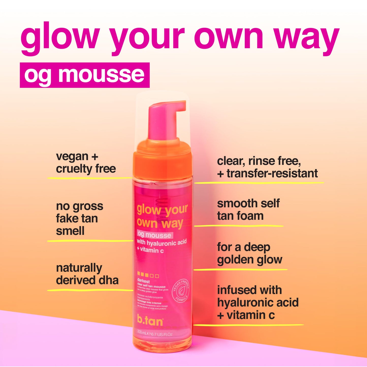 b.tan Dark Self Tanner Mousse | Get Tanned - Best, 1 Hour Express Sunless Tanning Foam, No Fake Tan Smell, Ultra Dark Bronzing Glow, Face & Body, Vegan, Cruelty Free, 6.7 Fl Oz