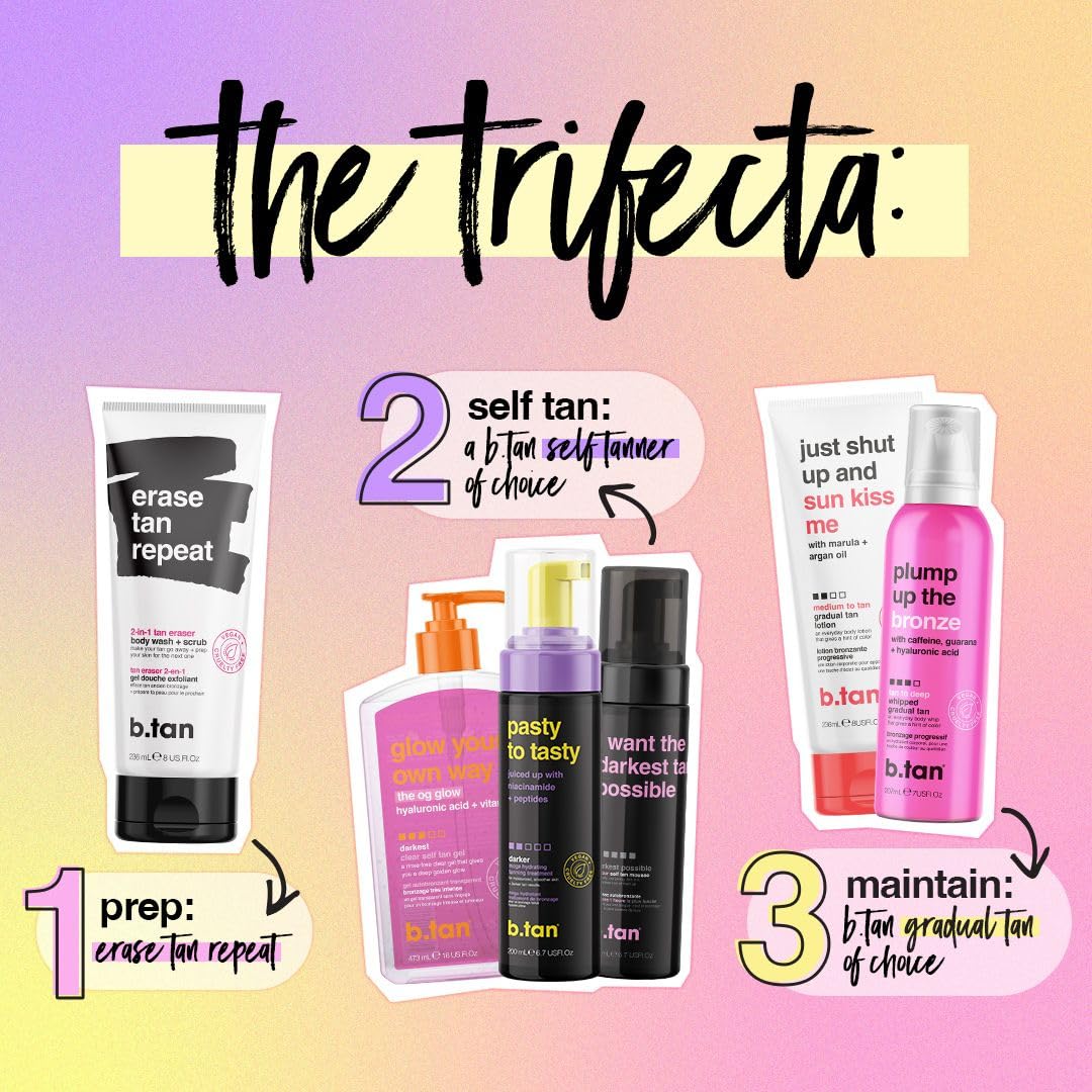 b.tan Dark Self Tanner Mousse | Get Tanned - Best, 1 Hour Express Sunless Tanning Foam, No Fake Tan Smell, Ultra Dark Bronzing Glow, Face & Body, Vegan, Cruelty Free, 6.7 Fl Oz