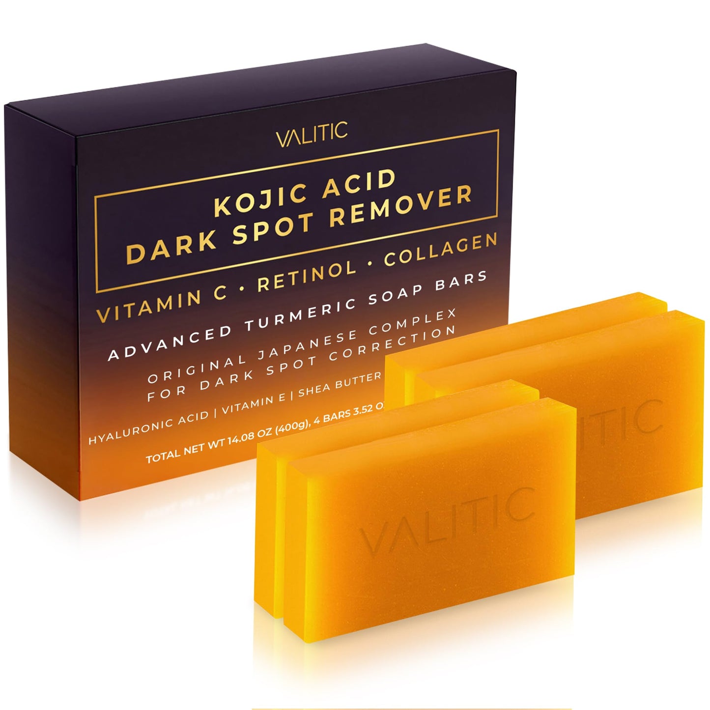 VALITIC Kojic Acid Dark Spot Remover Soap Bars with Vitamin C, Retinol, Collagen, Turmeric - Original Japanese Complex Infused with Hyaluronic Acid, Vitamin E, Shea Butter, Castile Olive Oil (2 Pack)