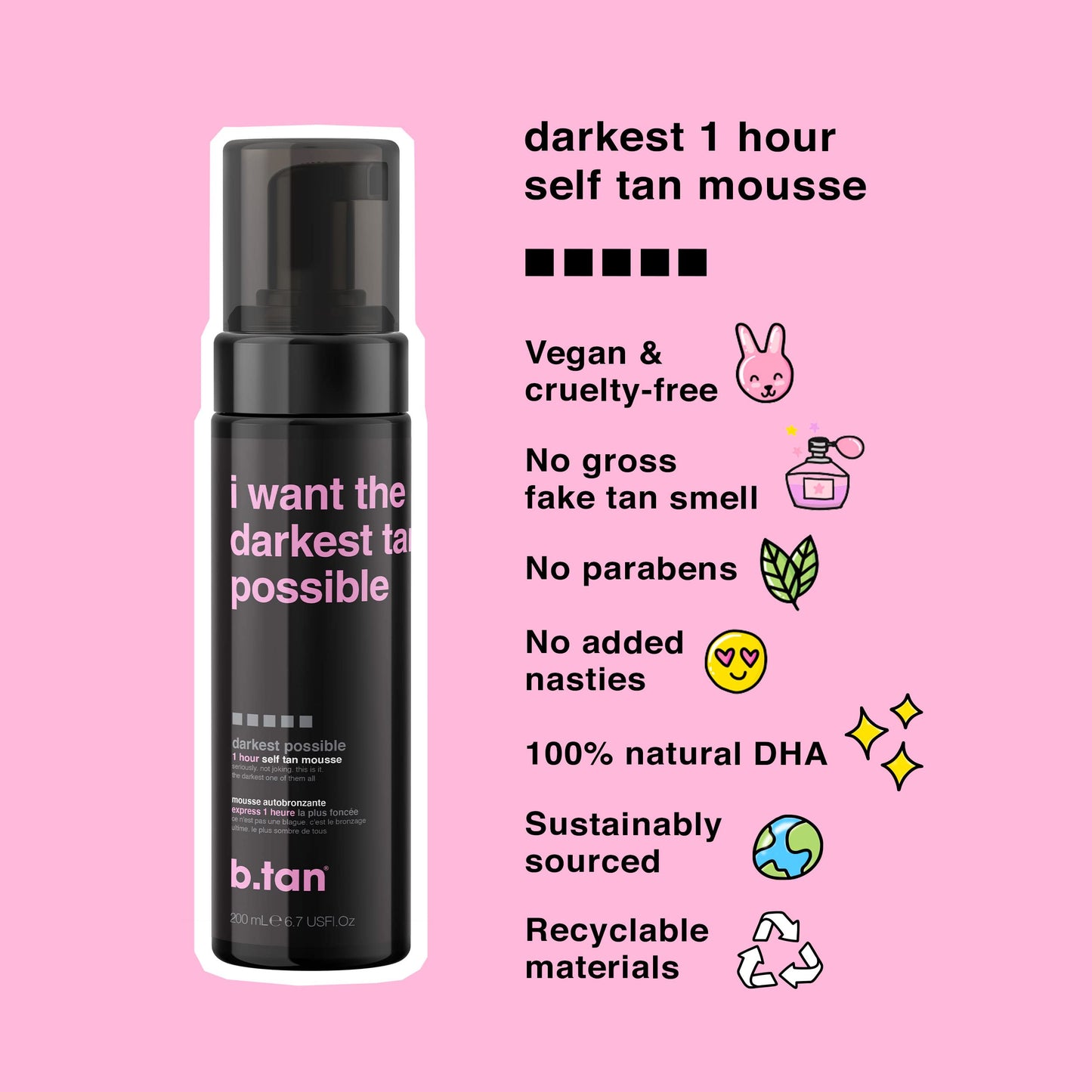 b.tan Dark Self Tanner Mousse | Get Tanned - Best, 1 Hour Express Sunless Tanning Foam, No Fake Tan Smell, Ultra Dark Bronzing Glow, Face & Body, Vegan, Cruelty Free, 6.7 Fl Oz