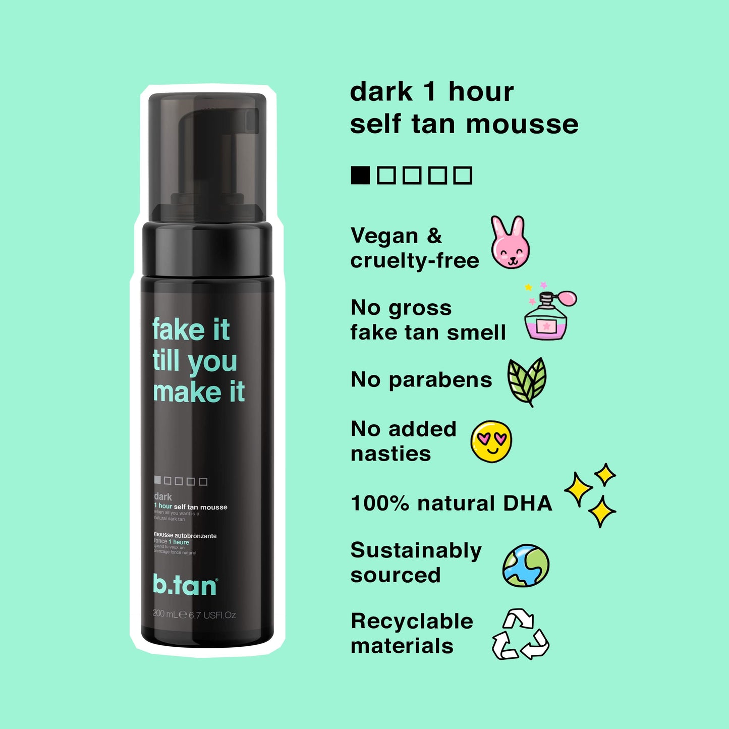 b.tan Dark Self Tanner Mousse | Get Tanned - Best, 1 Hour Express Sunless Tanning Foam, No Fake Tan Smell, Ultra Dark Bronzing Glow, Face & Body, Vegan, Cruelty Free, 6.7 Fl Oz