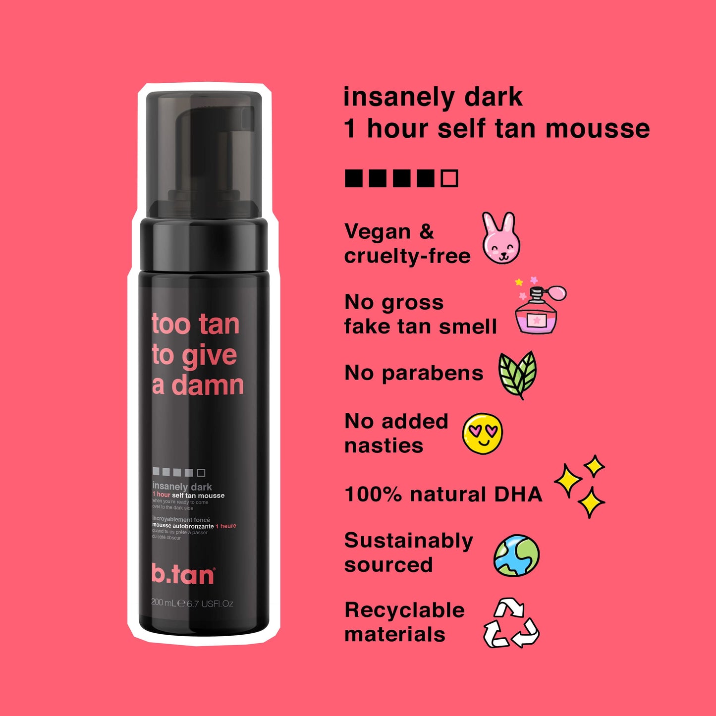 b.tan Dark Self Tanner Mousse | Get Tanned - Best, 1 Hour Express Sunless Tanning Foam, No Fake Tan Smell, Ultra Dark Bronzing Glow, Face & Body, Vegan, Cruelty Free, 6.7 Fl Oz
