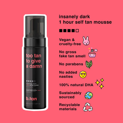 b.tan Dark Self Tanner Mousse | Get Tanned - Best, 1 Hour Express Sunless Tanning Foam, No Fake Tan Smell, Ultra Dark Bronzing Glow, Face & Body, Vegan, Cruelty Free, 6.7 Fl Oz