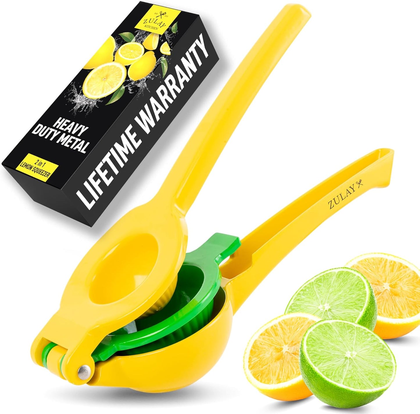 Zulay Kitchen Metal 2-in-1 Lemon Squeezer - Sturdy Max Extraction Hand Juicer Lemon Squeezer Gets Every Last Drop - Easy to Clean Manual Citrus Juicer - Easy-Use Lemon Juicer Squeezer - Yellow/Green