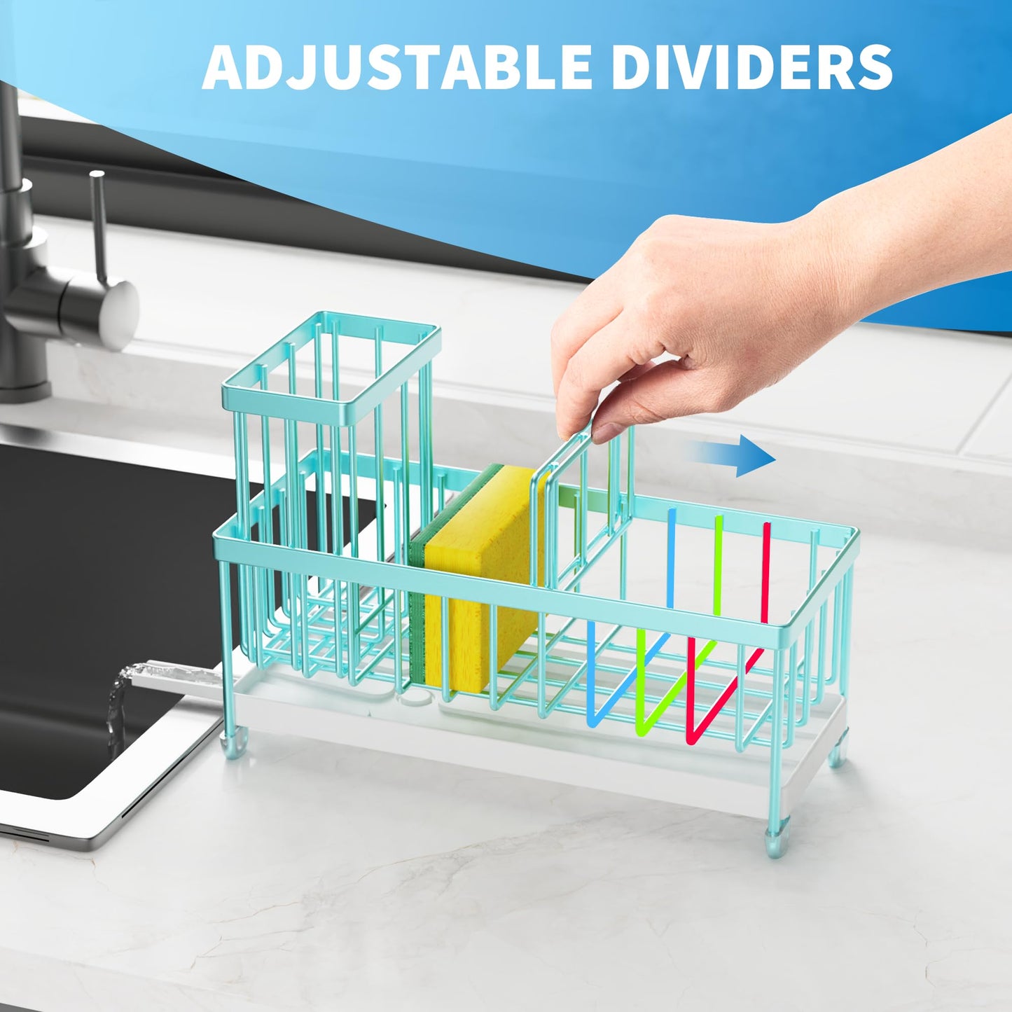 Cisily Black Sponge Holder for Kitchen Sink, Sink Caddy Organizer with High Brush Holder, Kitchen Countertop Organizers and Storage Essentials, Rustproof 304 Stainless Steel, Soap Dispenser Organize