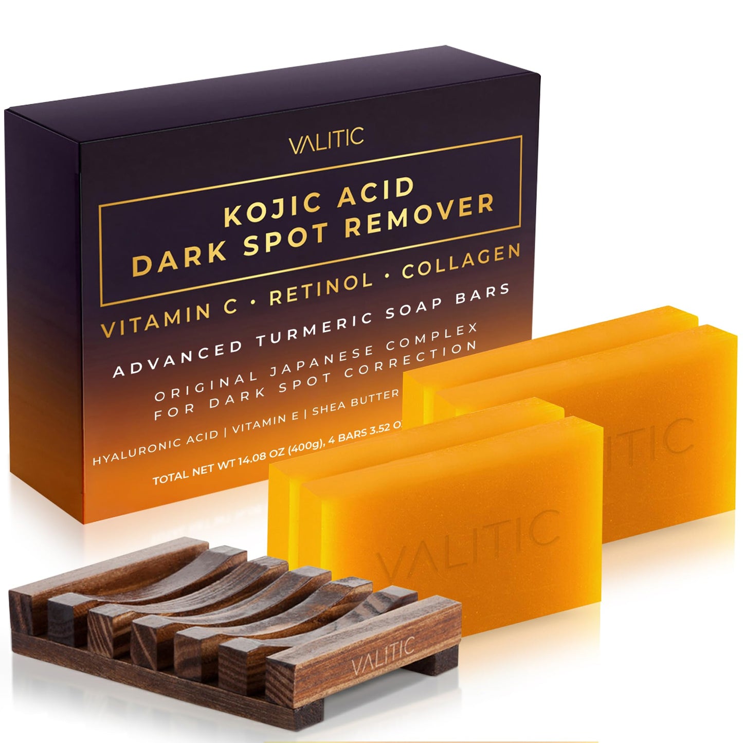 VALITIC Kojic Acid Dark Spot Remover Soap Bars with Vitamin C, Retinol, Collagen, Turmeric - Original Japanese Complex Infused with Hyaluronic Acid, Vitamin E, Shea Butter, Castile Olive Oil (2 Pack)