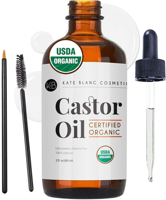 Kate Blanc Cosmetics Castor Oil Organic for Hair, Lashes, Face (2oz), 100% Pure, Cold Pressed, Hexane Free Hair Oil. Lash Serum for Thicker-Looking Eyelashes & Eyebrows