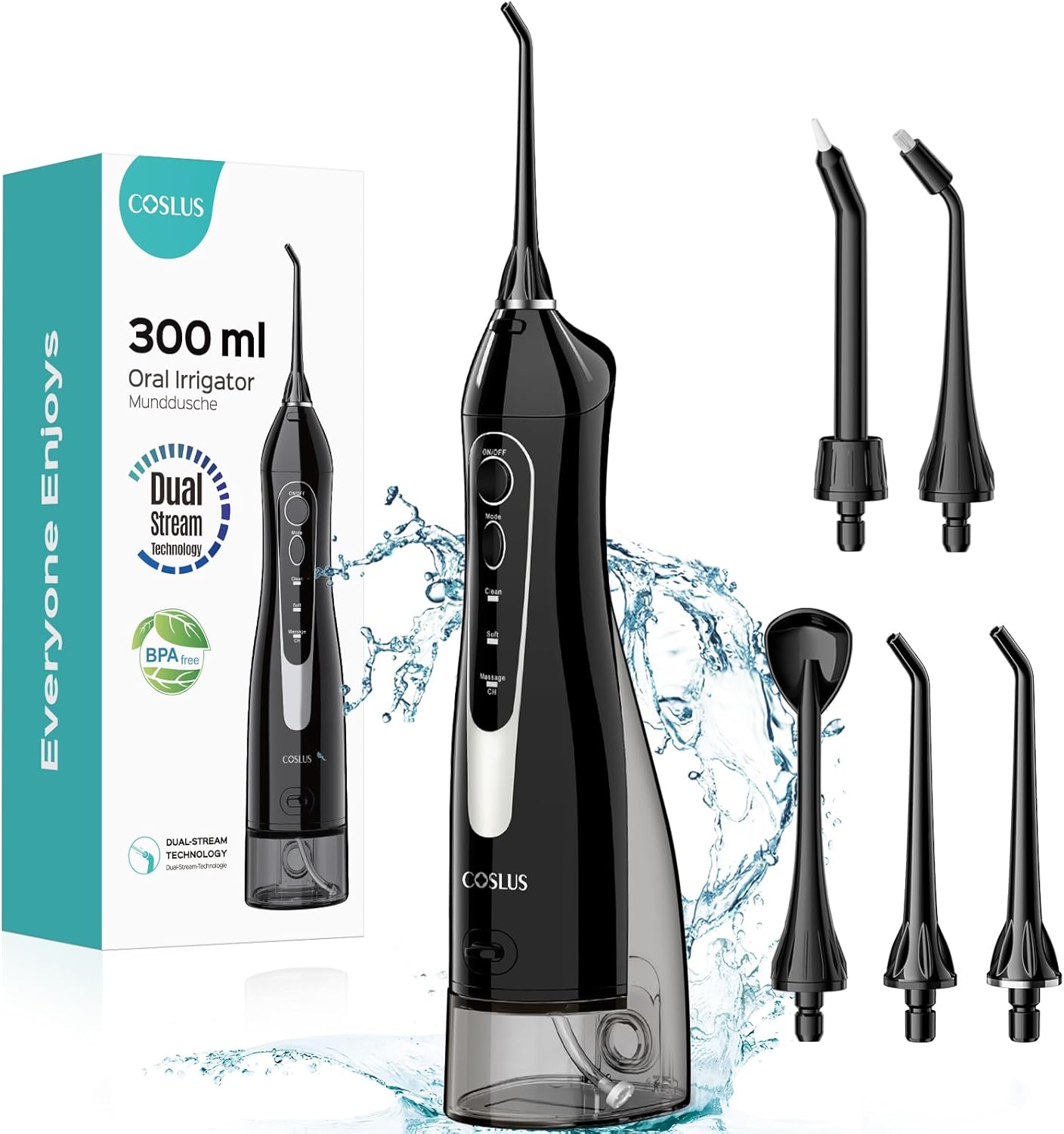 COSLUS Water Dental Flosser Teeth Pick: Portable Cordless Oral Irrigator 300ML Rechargeable Travel Irrigation Cleaner IPX7 Waterproof Electric Flossing Machine for Teeth Cleaning C20(F5020E)