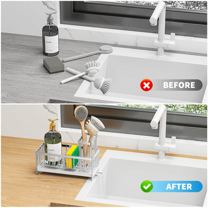 Cisily Black Sponge Holder for Kitchen Sink, Sink Caddy Organizer with High Brush Holder, Kitchen Countertop Organizers and Storage Essentials, Rustproof 304 Stainless Steel, Soap Dispenser Organize