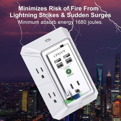 Wall Charger, Surge Protector, QINLIANF 5 Outlet Extender with 4 USB Charging Ports (4.8A Total) 3-Sided 1680J Power Strip Multi Plug Adapter Spaced for Home Travel Office (3U1C)