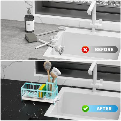 Cisily Black Sponge Holder for Kitchen Sink, Sink Caddy Organizer with High Brush Holder, Kitchen Countertop Organizers and Storage Essentials, Rustproof 304 Stainless Steel, Soap Dispenser Organize