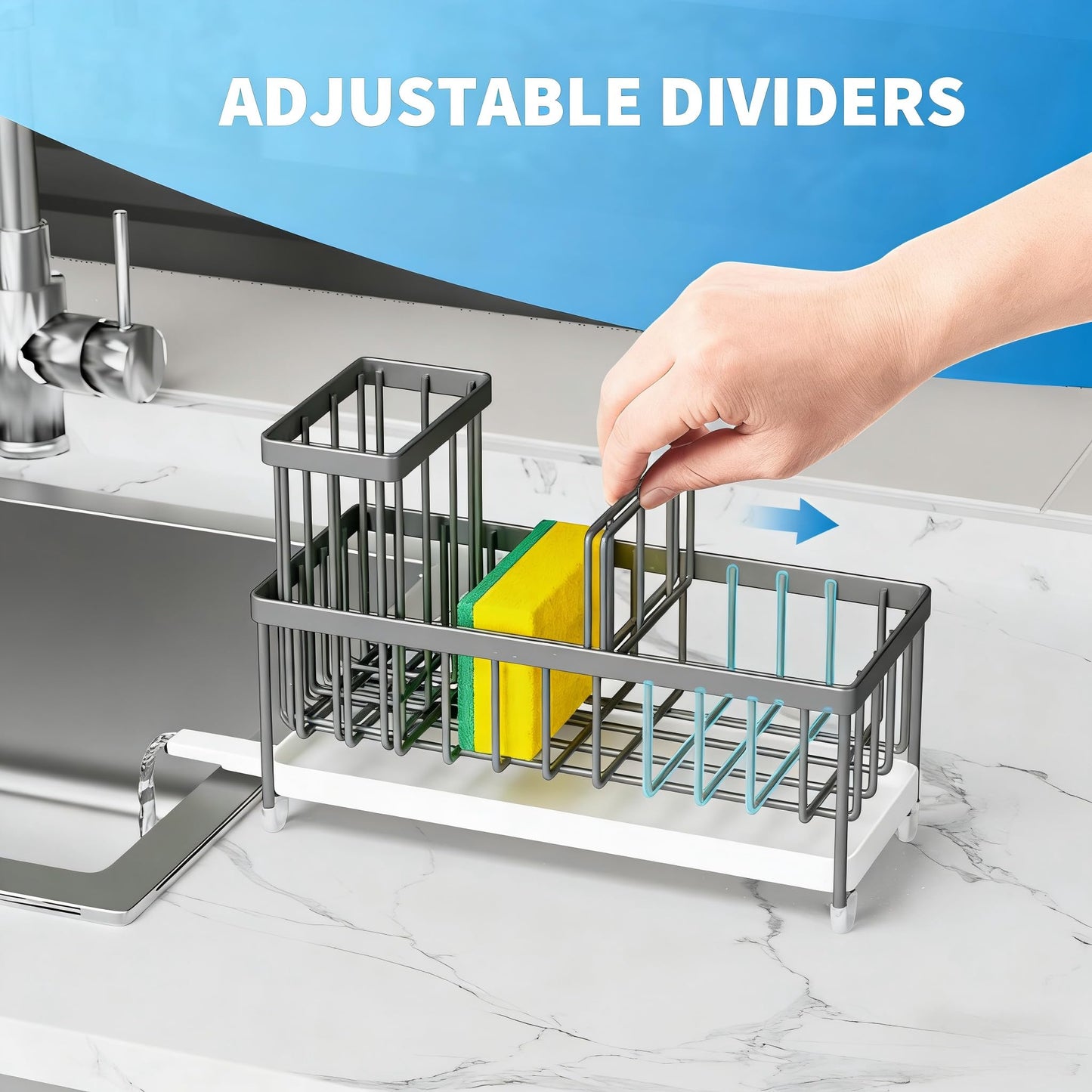 Cisily Black Sponge Holder for Kitchen Sink, Sink Caddy Organizer with High Brush Holder, Kitchen Countertop Organizers and Storage Essentials, Rustproof 304 Stainless Steel, Soap Dispenser Organize