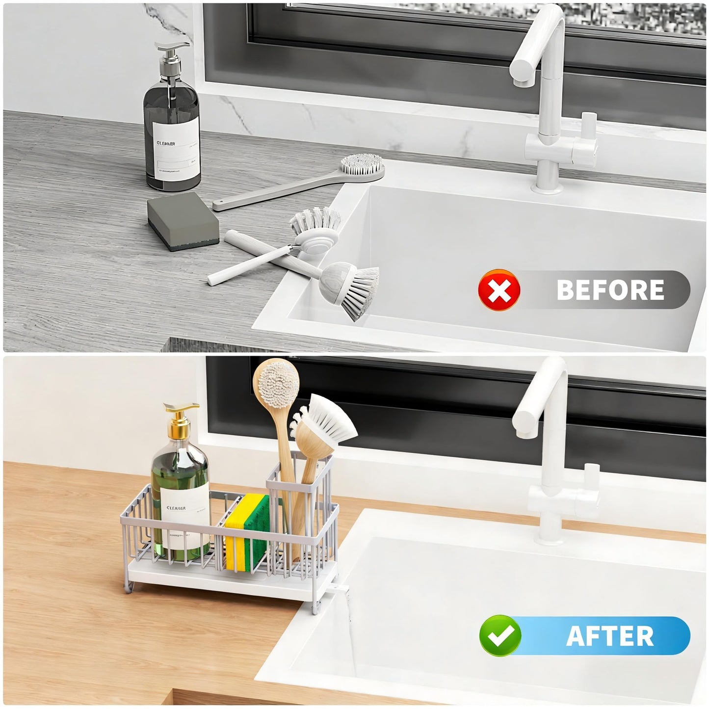 Cisily Black Sponge Holder for Kitchen Sink, Sink Caddy Organizer with High Brush Holder, Kitchen Countertop Organizers and Storage Essentials, Rustproof 304 Stainless Steel, Soap Dispenser Organize