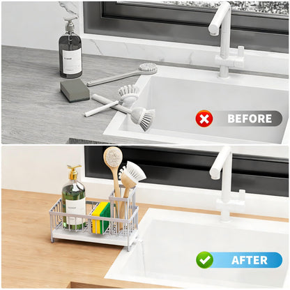 Cisily Black Sponge Holder for Kitchen Sink, Sink Caddy Organizer with High Brush Holder, Kitchen Countertop Organizers and Storage Essentials, Rustproof 304 Stainless Steel, Soap Dispenser Organize