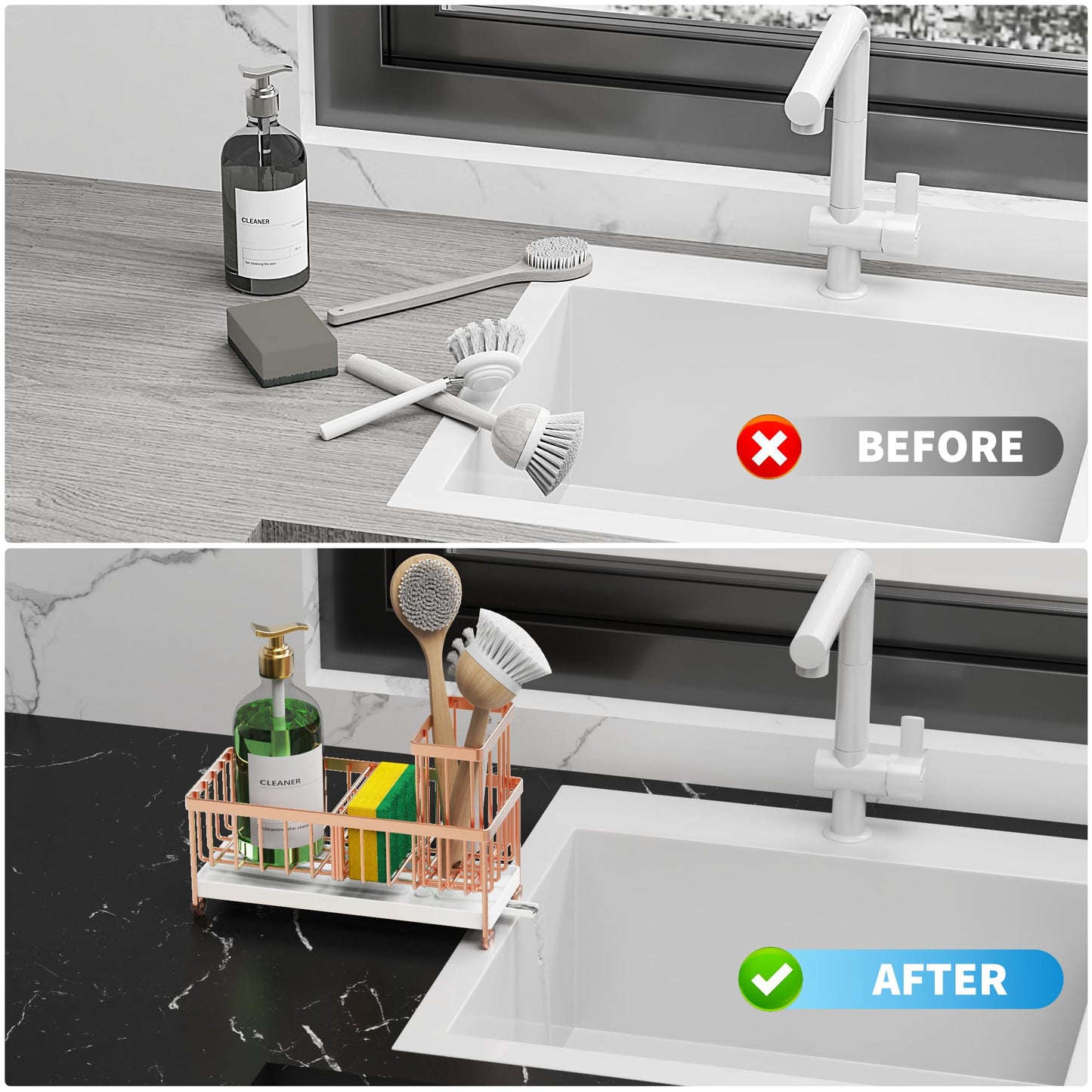 Cisily Black Sponge Holder for Kitchen Sink, Sink Caddy Organizer with High Brush Holder, Kitchen Countertop Organizers and Storage Essentials, Rustproof 304 Stainless Steel, Soap Dispenser Organize