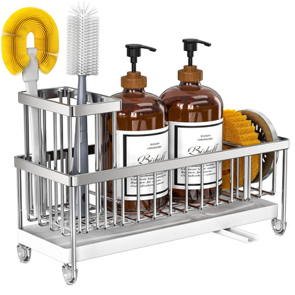 Cisily Black Sponge Holder for Kitchen Sink, Sink Caddy Organizer with High Brush Holder, Kitchen Countertop Organizers and Storage Essentials, Rustproof 304 Stainless Steel, Soap Dispenser Organize