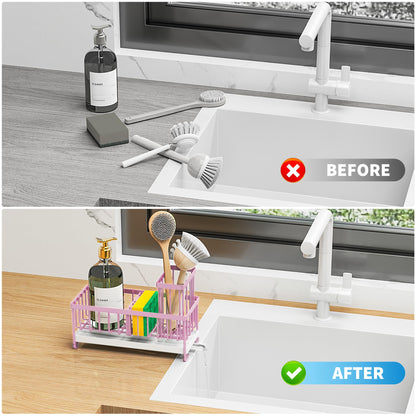 Cisily Black Sponge Holder for Kitchen Sink, Sink Caddy Organizer with High Brush Holder, Kitchen Countertop Organizers and Storage Essentials, Rustproof 304 Stainless Steel, Soap Dispenser Organize