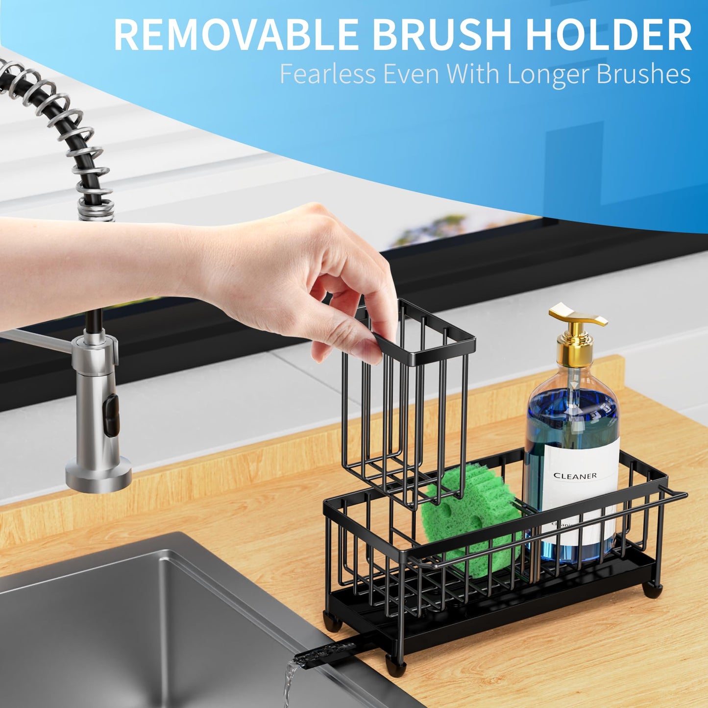 Cisily Black Sponge Holder for Kitchen Sink, Sink Caddy Organizer with High Brush Holder, Kitchen Countertop Organizers and Storage Essentials, Rustproof 304 Stainless Steel, Soap Dispenser Organize