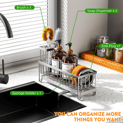 Cisily Black Sponge Holder for Kitchen Sink, Sink Caddy Organizer with High Brush Holder, Kitchen Countertop Organizers and Storage Essentials, Rustproof 304 Stainless Steel, Soap Dispenser Organize