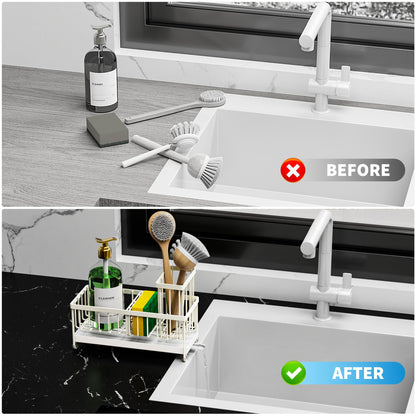 Cisily Black Sponge Holder for Kitchen Sink, Sink Caddy Organizer with High Brush Holder, Kitchen Countertop Organizers and Storage Essentials, Rustproof 304 Stainless Steel, Soap Dispenser Organize