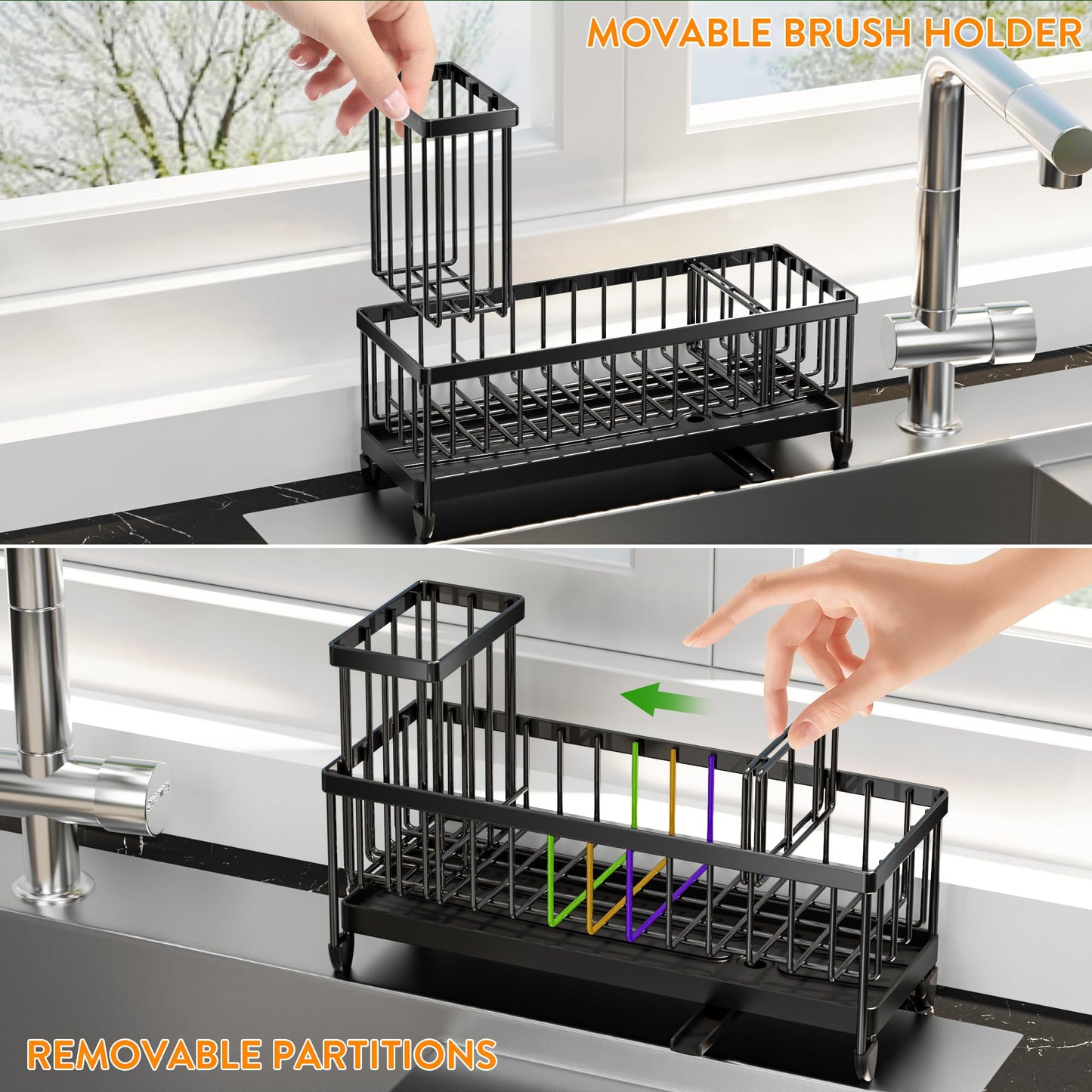 Cisily Black Sponge Holder for Kitchen Sink, Sink Caddy Organizer with High Brush Holder, Kitchen Countertop Organizers and Storage Essentials, Rustproof 304 Stainless Steel, Soap Dispenser Organize