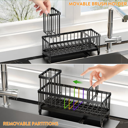 Cisily Black Sponge Holder for Kitchen Sink, Sink Caddy Organizer with High Brush Holder, Kitchen Countertop Organizers and Storage Essentials, Rustproof 304 Stainless Steel, Soap Dispenser Organize