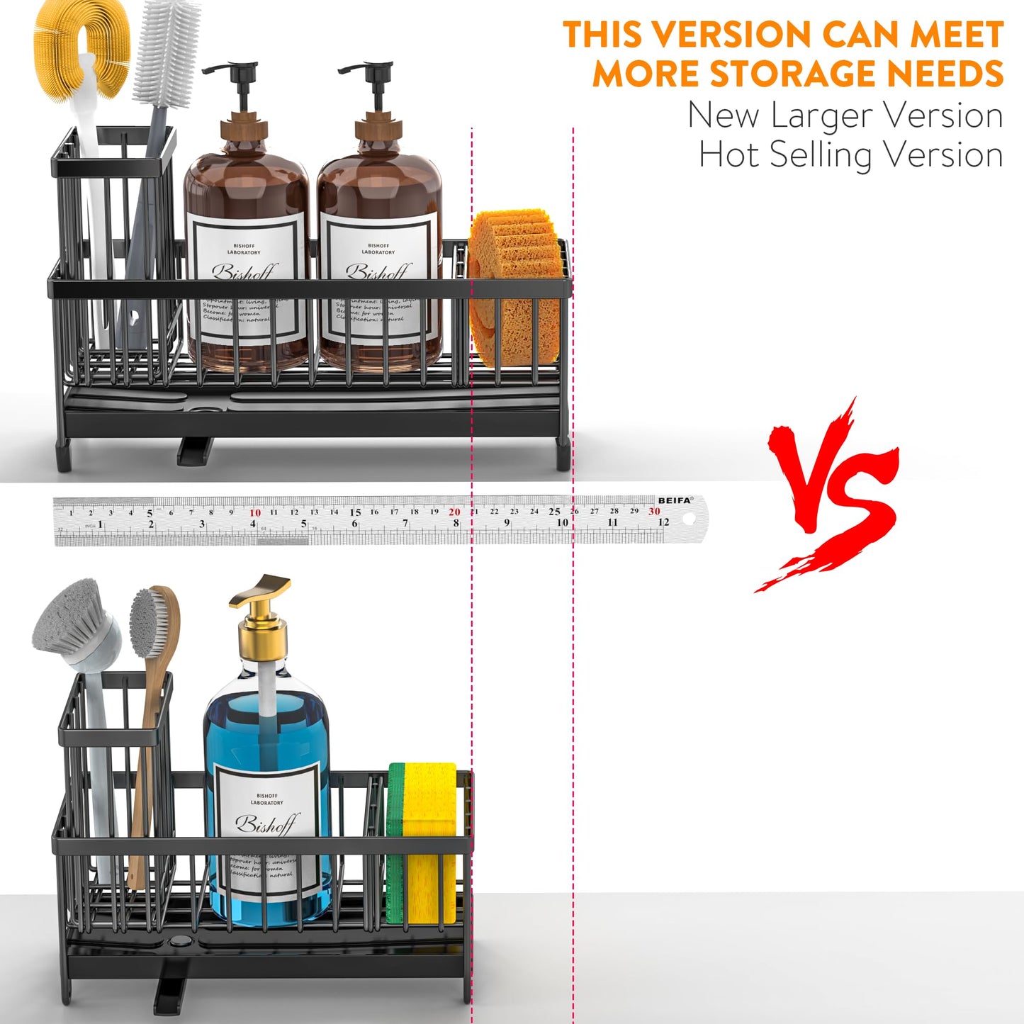 Cisily Black Sponge Holder for Kitchen Sink, Sink Caddy Organizer with High Brush Holder, Kitchen Countertop Organizers and Storage Essentials, Rustproof 304 Stainless Steel, Soap Dispenser Organize