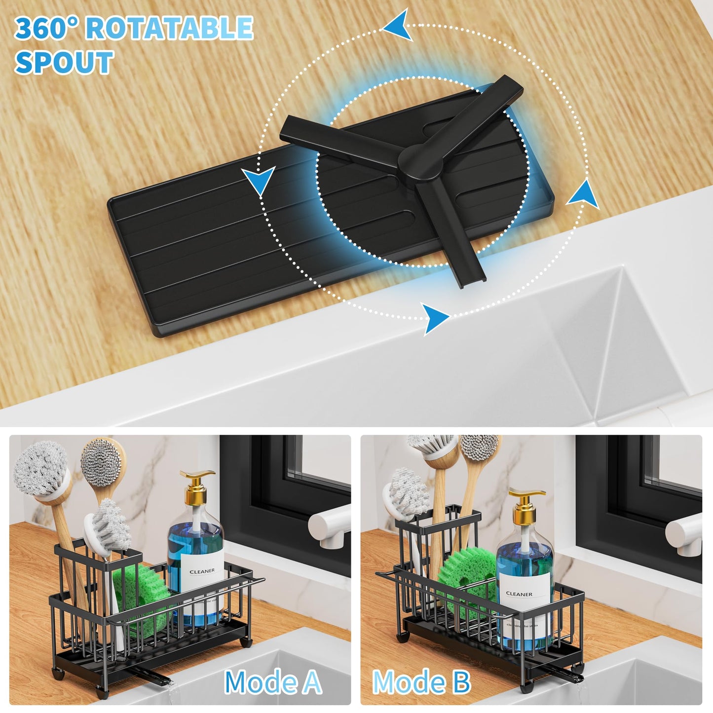 Cisily Black Sponge Holder for Kitchen Sink, Sink Caddy Organizer with High Brush Holder, Kitchen Countertop Organizers and Storage Essentials, Rustproof 304 Stainless Steel, Soap Dispenser Organize