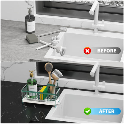 Cisily Black Sponge Holder for Kitchen Sink, Sink Caddy Organizer with High Brush Holder, Kitchen Countertop Organizers and Storage Essentials, Rustproof 304 Stainless Steel, Soap Dispenser Organize